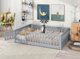 Full Size Floor Bed with Fence and Door,Rubber Wood Floor Bed with Safety Guardrails,Grey W504P296784