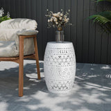 9.4" Steel Patio End Table, Round Hollow Drum Side Table, Accent Table for Indoor and Outdoor, White 56990579