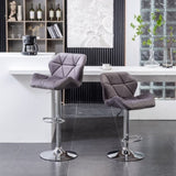 Breni Velvet Diamond Tufted Swivel Adjustable Height Barstool, Set of 2, Gray T2574P164871