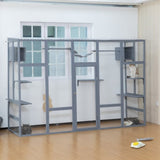 Wooden Cat Enclosure with 6 Jumping Platforms, 2 Cat Condos, Cat Bridge and Scratching Board, Gray W2181P198549
