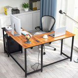 ZUN L-Shaped Desktop Computer Desk with Power Outlets & Shelf Tiger wood 55143353