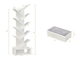 White Tree-Shaped Bookshelf, 10 Open Shelves & Foldable Fabric Drawer, Space-Saving Corner Design 35034916