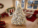 9 Foot Flocked Fir Christmas Tree Pre Lit Hinged Xmas Tree with LEDs Foldable Metal Base 72273480