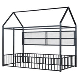 Twin Size Metal Bed House Bed Frame with Fence and Shelves, Black N737P175360B
