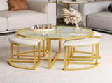 Modern Round Coffee Table Set with 4 Nesting Stools, Tempered Glass Top & Gold Metal Frame, Space N735P525144K