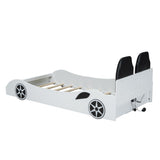 Wood Twin Size Race Car-Shaped Platform Bed with LED and Upholstered Backrest, White 28964519