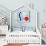 Full Size Metal House Platform Bed with Guardrail and Chimney, White N709P203153K