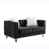 Black, Two-seater Sofa, Velvet Crystal Buckle Upholstery Sofa, Crystal Feet, Removable Cushion, Two 74092413