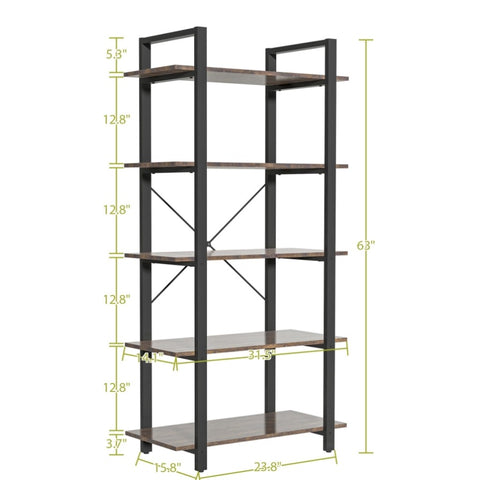 ZUN 5-Shelf Vintage Industrial Rustic Bookshelf, 5 Tier Wood and Metal Bookcase, Open Etagere Book 72883549