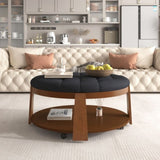 ZUN Modern Large Round Ottoman Coffee Table 2-Tier Oversized Button Tufted Ottoman with Wood Shelf N735P180224B