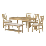 ZUN 6-piece Retro Dining Set, Minimalist Dining Table and 4 upholstered chairs & 1 bench with a shelf 04128899