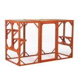 ZUN Wooden Cat House, Outdoor Cat Cage with Water-proof Asphalt Planks and Cat Perches, Orange W2181P151887