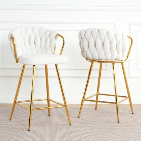 ZUN Modern design High stool Gold Plated legs Kitchen Dining White linen bar chair, suitable for Cafe W210P201267