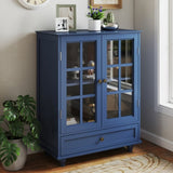 Minimalist Blue Buffet Cabinet with Double Glass Doors and Drawer, Modern Wooden Storage Sideboard W2557P307944