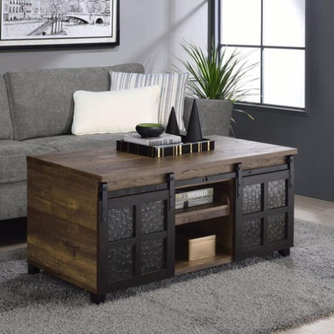 ZUN Rustic Oak and Black Coffee Table with Sliding Doors B062P181396