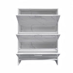 ZUN White Marble Color High Glossy 3 Doors Shoe Cabinet with Retro Handles W2139142766