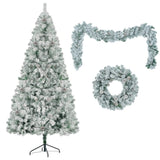 6FT Snow Flocked Christmas, Pre-Lit Set with & Garland & Wreath, Artificial Hinged Xmas N704P199472A