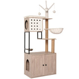 Cat Tree with Litter Box Enclosure - Modern Cat Condo with Scratching Posts, Feeding Bowl & W1687P304380