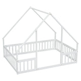 Full Wood House-Shaped Floor Bed with Fence, Guardrails,White W504P143294