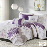 ZUN 6 Piece Printed Cotton Quilt Set with Throw Pillows Taupe Grey/Purple King/Cal King B03597429