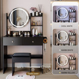17" Round LED Mirror Vanity TableCushioned Stool, Equipped With 2 AC2 USB Power Socket, Big W3258P311349