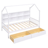 Wooden Twin Size House Bed with 2 Drawers,Kids Bed with Storage Shelf, White WF301456AAK