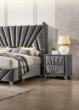 Fully Upholstered Frame 1pc Nightstand Gray Fabric Crystal-like Acrylic Knobs Glass Top Chrome Legs B011P321012