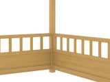 Full Size Floor Wooden Bed with House Roof Frame, Fence Guardrails W1858P310085