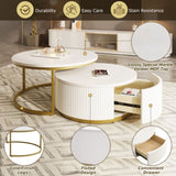 Modern Round Nesting Coffee Table Fluted with Drawer in White & Gold in 27.6" N735P254992K