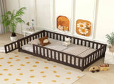 Twin Size Floor Bed with Fence and Door,Rubber Wood Floor Bed with Safety Guardrails,Espresso W504P429279