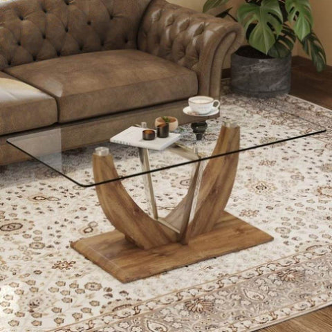 ZUN Modern minimalist transparent tempered glass coffee table with wooden MDF legs and stainless steel W1151P149674