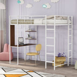 ZUN Twin Metal Loft Bed with 2 Shelves and one Desk ,WHITE 65092120