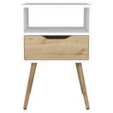 ZUN Otom Nightstand , Superior Top, One Open Shelf, One Drawer, Four Legs -White / Light Oak B20092046