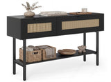 Black Rattan Console Table with Storage Cabinets & Open Shelf, 40 Inch Entryway Table with Sturdy 10366281