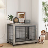 Furniture Style Dog Crate Side Table on Wheels with Double Doors and Lift Top.Grey,38.58''w x W116291737