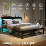 Queen Size Metal Bed Frame with Wooden Headboard, RGB Lights, Charger, Storage Shelf, Noise-Free, No W840P209907