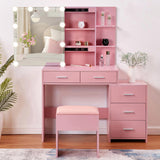 Pink particleboard with textured melamine finish, 5-drawer, 2-tier sliding door mirror cabinet, 55166870
