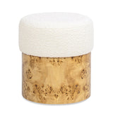 Nebula Round Burl Wood Upholstered Ottoman, Ivory White Boucle B2719P238446