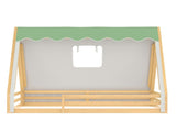 Full Size House Floor Bed with Tent and Light, Solid Wood Teepee Floor Bed with Full-length W1580P369468