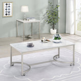 ZUN White Faux Marble and Satin Nickel Coffee Table B062P145583