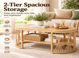 2-Tier Oval Coffee Table, 37.8" x 19.7" x 18.1", Melamine MDF & Iron Frame, Rattan Shelf, Wood Grain 74303718