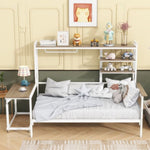 ZUN Twin size Metal Daybed with Movable Desk, Metal Grid, Shelves and Clothes Hanger, White N737P199195K