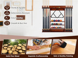 Brown Pine Wood Wall-Mounted Billiards Cue Rack, Holds 8 Cues & 16 Balls with 5 Storage Compartments 14806939