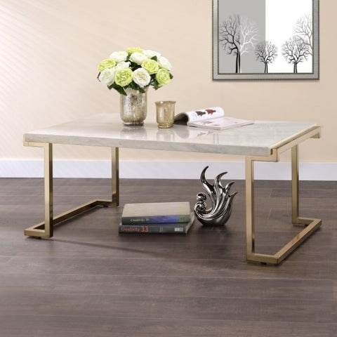 ZUN White and Champagne Sled Base Coffee Table B062P181381