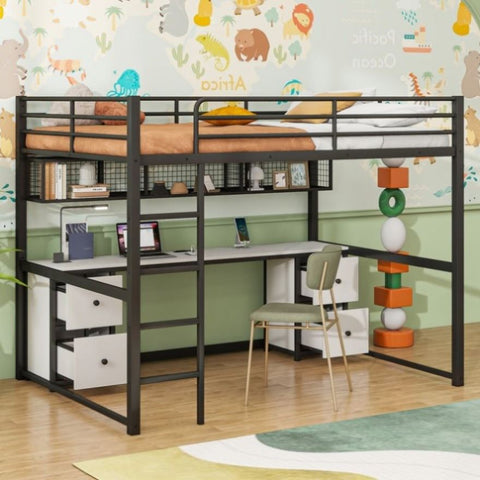 ZUN Full Size Metal Loft Bed with Desk, Drawers and Bedside Tray, Charging Station, USB and socket 91995052