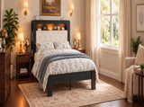 Queen Platform Bed Frame, Black Wood Look Frame with Soft Velvet , Sturdy Wood Slat Support System, W636P557221