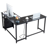 ZUN L-Shaped Desktop Computer Desk with Power Outlets & Shelf Tiger Black 06147125