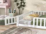 Full Size Floor Bed with Fence and Door,Rubber Wood Floor Bed with Safety Guardrails,White W504P296786