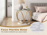 Modern 2-Tier Side Table with Tempered Glass Top & Faux Marble Base, Gold & White Round End Table 39598024