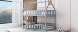 Twin over Twin House Bunk Bed with Fence and Door, Gray WF313047AAE